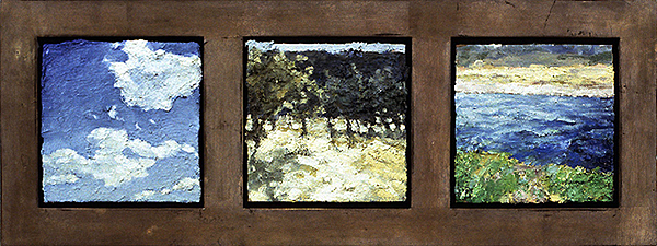 John Alexander  From the Edge of the Forest #6  1999  oil on linen  1999  3 elements, 30.5 x 30.5 cm each  framed 48.3 x 129.5 cm  Private collection